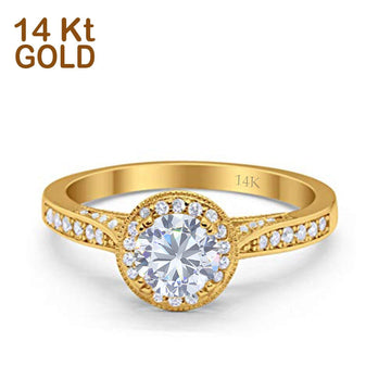 14K Yellow Gold Halo Round Bridal Wedding Engagement Ring Simulated CZ Size-7